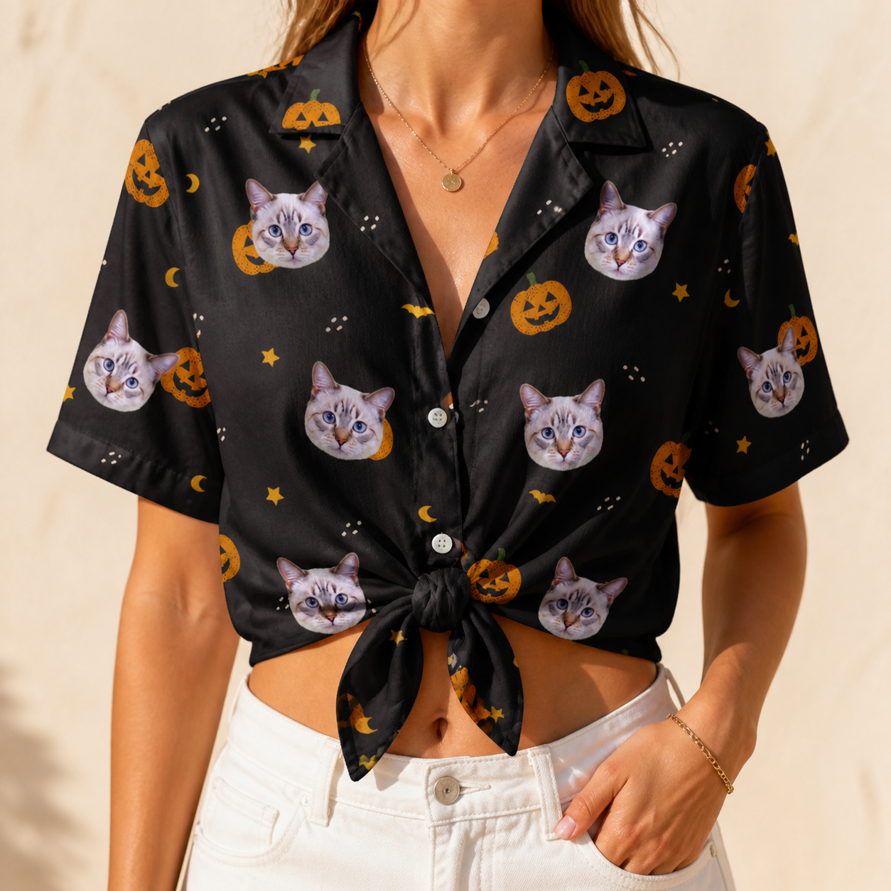 Woman wearing Women's Cackle Carvings Custom Cat Face Hawaiian Shirt tied at the waist