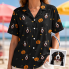 Woman wearing Women's Cackle Carvings Custom Dog Face Hawaiian Shirt — custom faces printed all-over