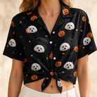 Woman wearing Women's Cackle Carvings Custom Dog Face Hawaiian Shirt tied at the waist