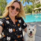Selfie with the pet whose face is printed all over this Women's Cackle Carvings Custom Dog Face Hawaiian Shirt