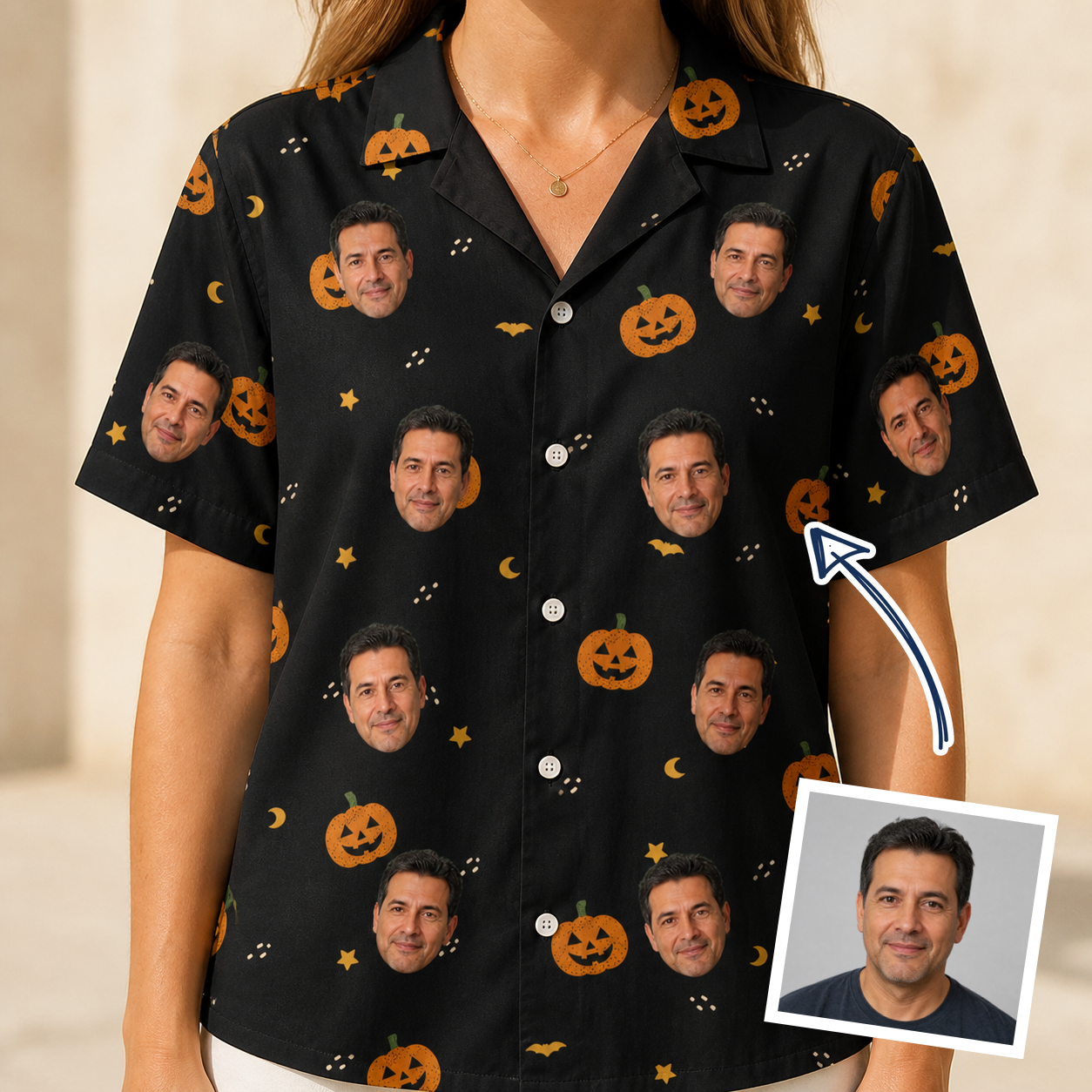 Woman wearing Women's Cackle Carvings Custom Face Hawaiian Shirt — custom faces printed all-over