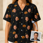 Woman wearing Women's Cackle Carvings Custom Face Hawaiian Shirt — custom faces printed all-over