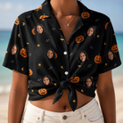 Woman wearing Women's Cackle Carvings Custom Face Hawaiian Shirt tied at the waist