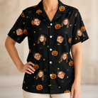 Model wearing Women's Cackle Carvings Custom Face Hawaiian Shirt printed with kids' faces