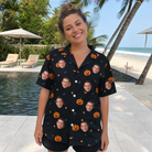 Real-life photo of someone wearing Women's Cackle Carvings Custom Face Hawaiian Shirt — custom faces printed all-over