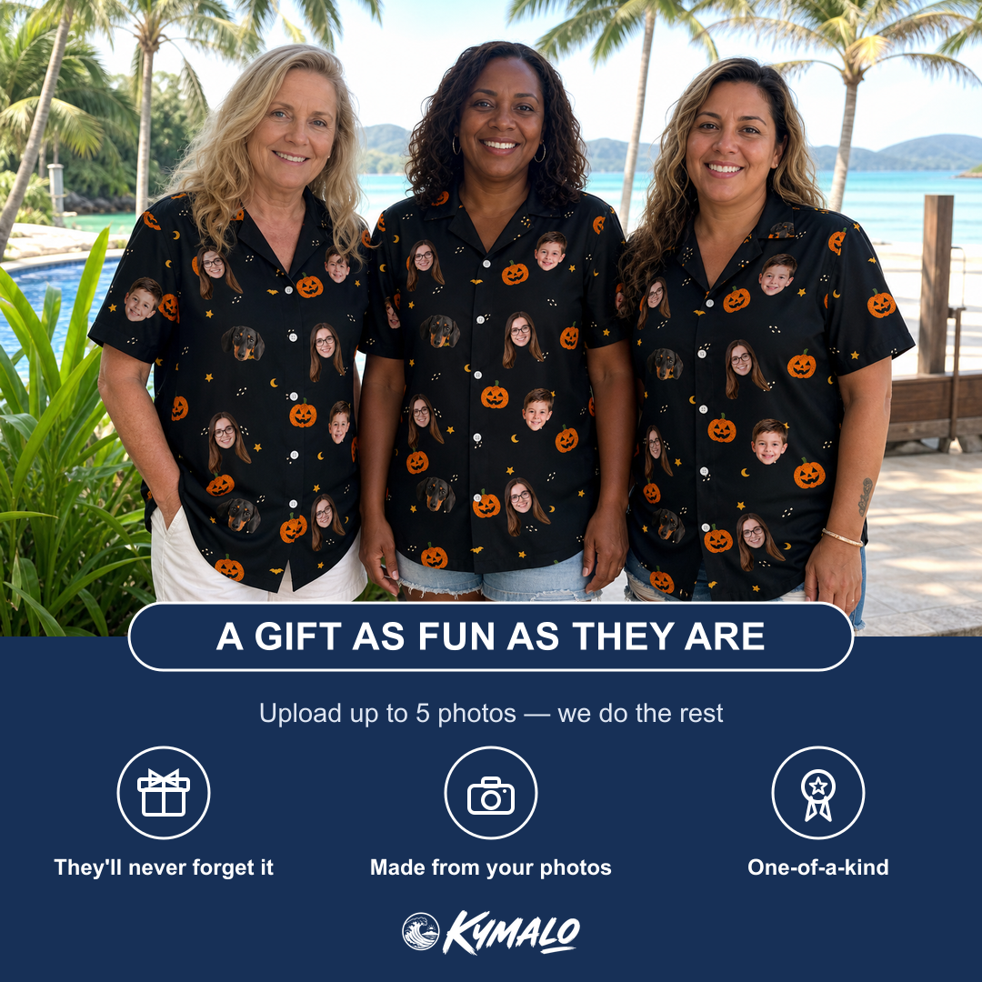 Friends in matching Women's Cackle Carvings Custom Face Hawaiian Shirt — a group gift photo