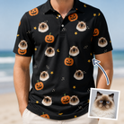 Man wearing Men's Cackle Carvings Custom Cat Face Polo Shirt — custom faces printed all-over