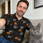 Selfie with the pet whose face is printed all over this Men's Cackle Carvings Custom Cat Face Polo Shirt