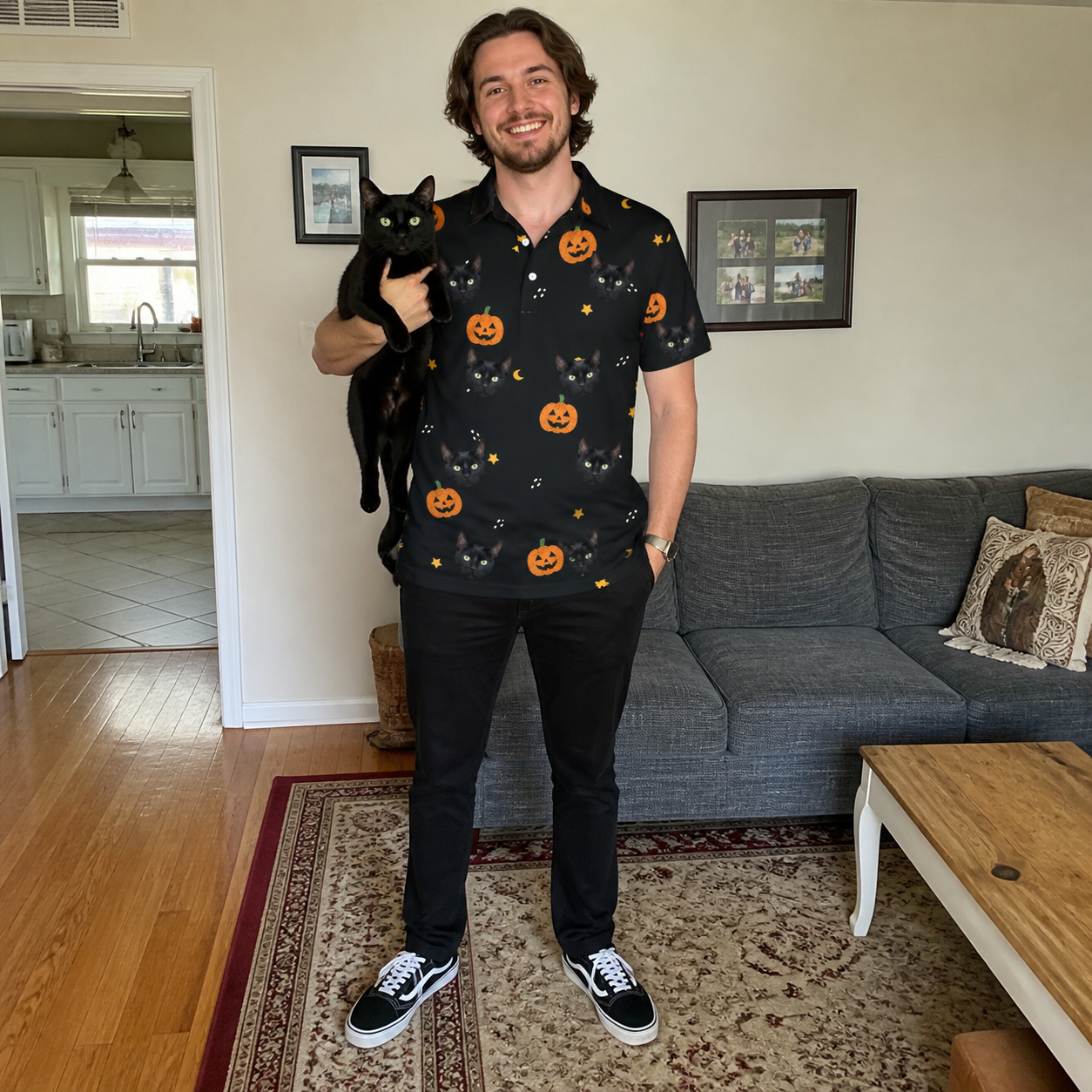 Full-length photo with the pet printed all over this Men's Cackle Carvings Custom Cat Face Polo Shirt