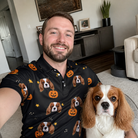 Selfie with the pet whose face is printed all over this Men's Cackle Carvings Custom Dog Face Polo Shirt