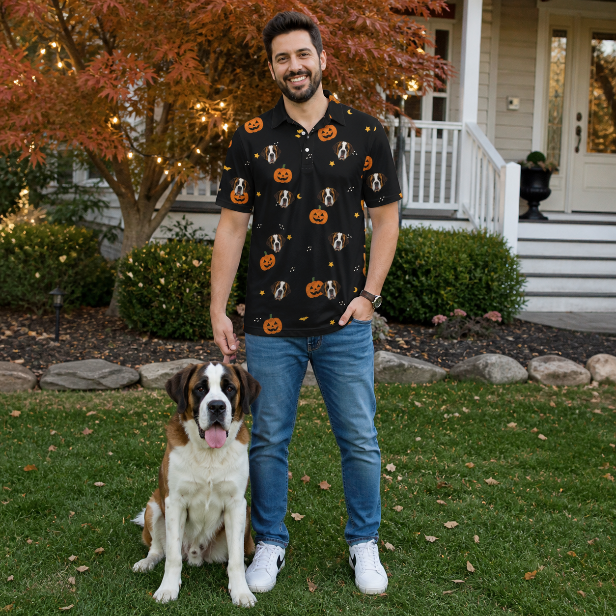 Full-length photo with the pet printed all over this Men's Cackle Carvings Custom Dog Face Polo Shirt