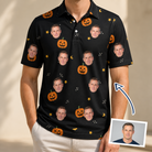 Man wearing Men's Cackle Carvings Custom Face Polo Shirt — custom faces printed all-over