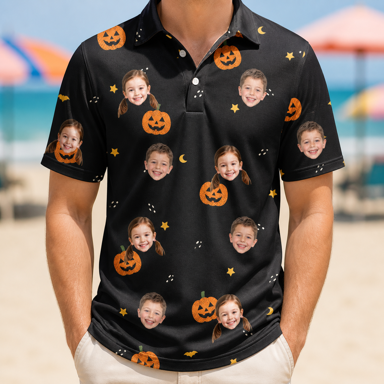 Model wearing Men's Cackle Carvings Custom Face Polo Shirt printed with kids' faces