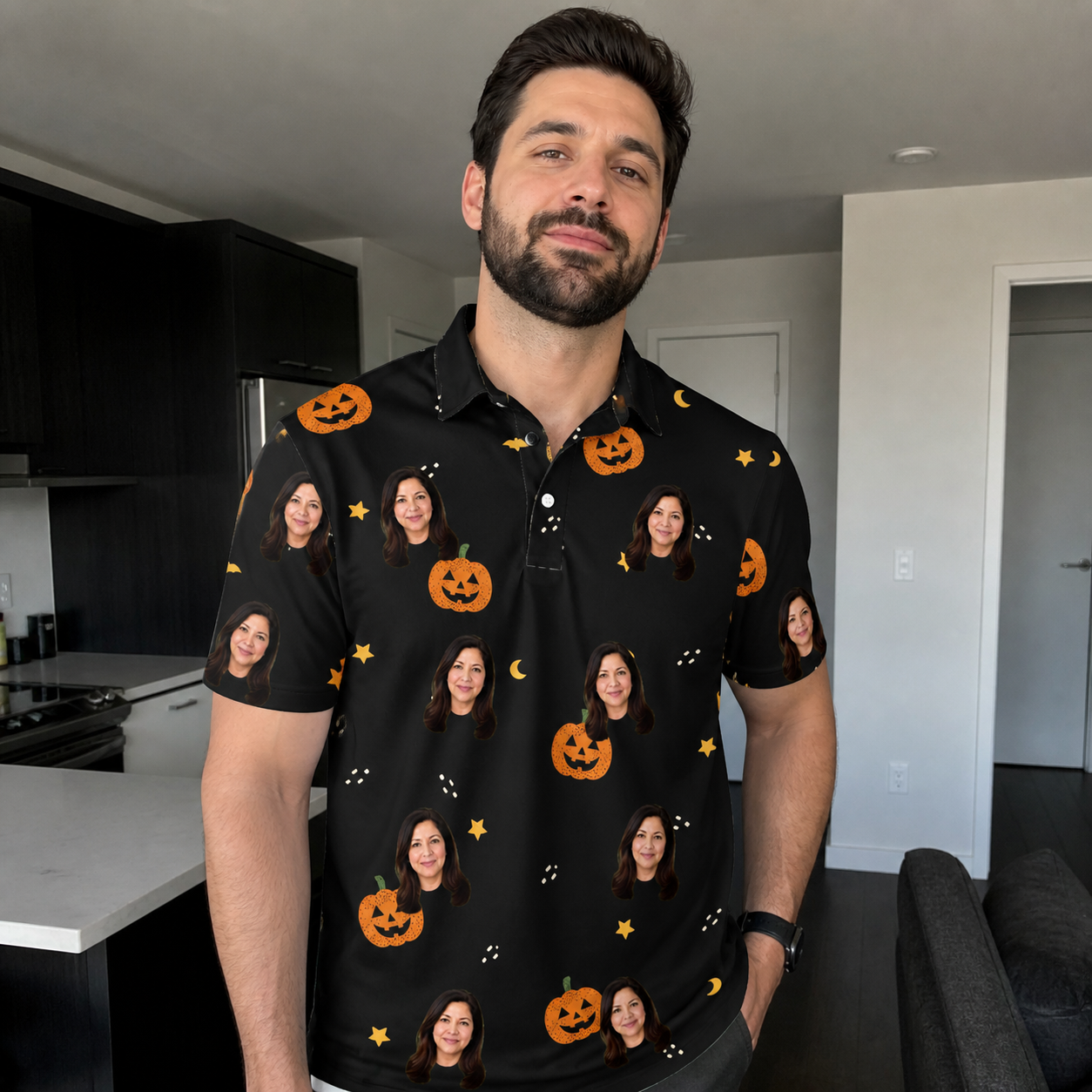 Real-life photo of someone wearing Men's Cackle Carvings Custom Face Polo Shirt — custom faces printed all-over