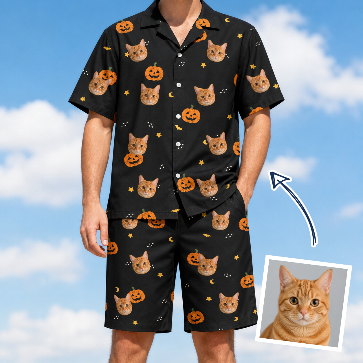 Man wearing Men's Cackle Carvings Custom Cat Face Shirt & Shorts Set — custom faces printed all-over