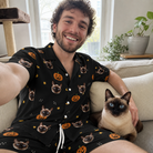 Selfie with the pet whose face is printed all over this Men's Cackle Carvings Custom Cat Face Shirt & Shorts Set
