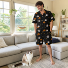 Full-length photo with the pet printed all over this Men's Cackle Carvings Custom Cat Face Shirt & Shorts Set