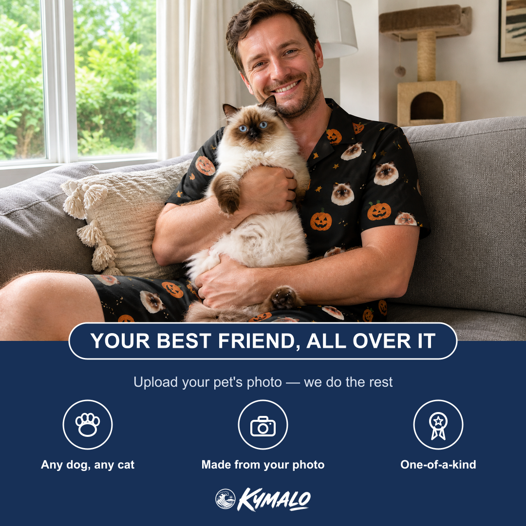 Friends in matching Men's Cackle Carvings Custom Cat Face Shirt & Shorts Set — a group gift photo