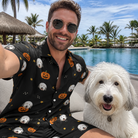 Selfie with the pet whose face is printed all over this Men's Cackle Carvings Custom Dog Face Shirt & Shorts Set