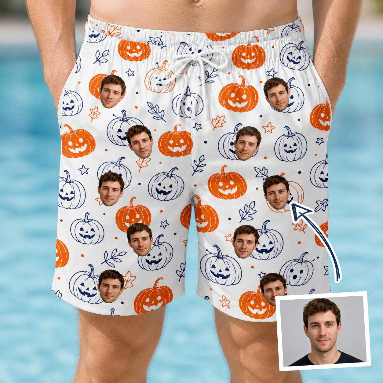 Man wearing Men's Jack O'Jitters Custom Face Beach Shorts — custom faces printed all-over