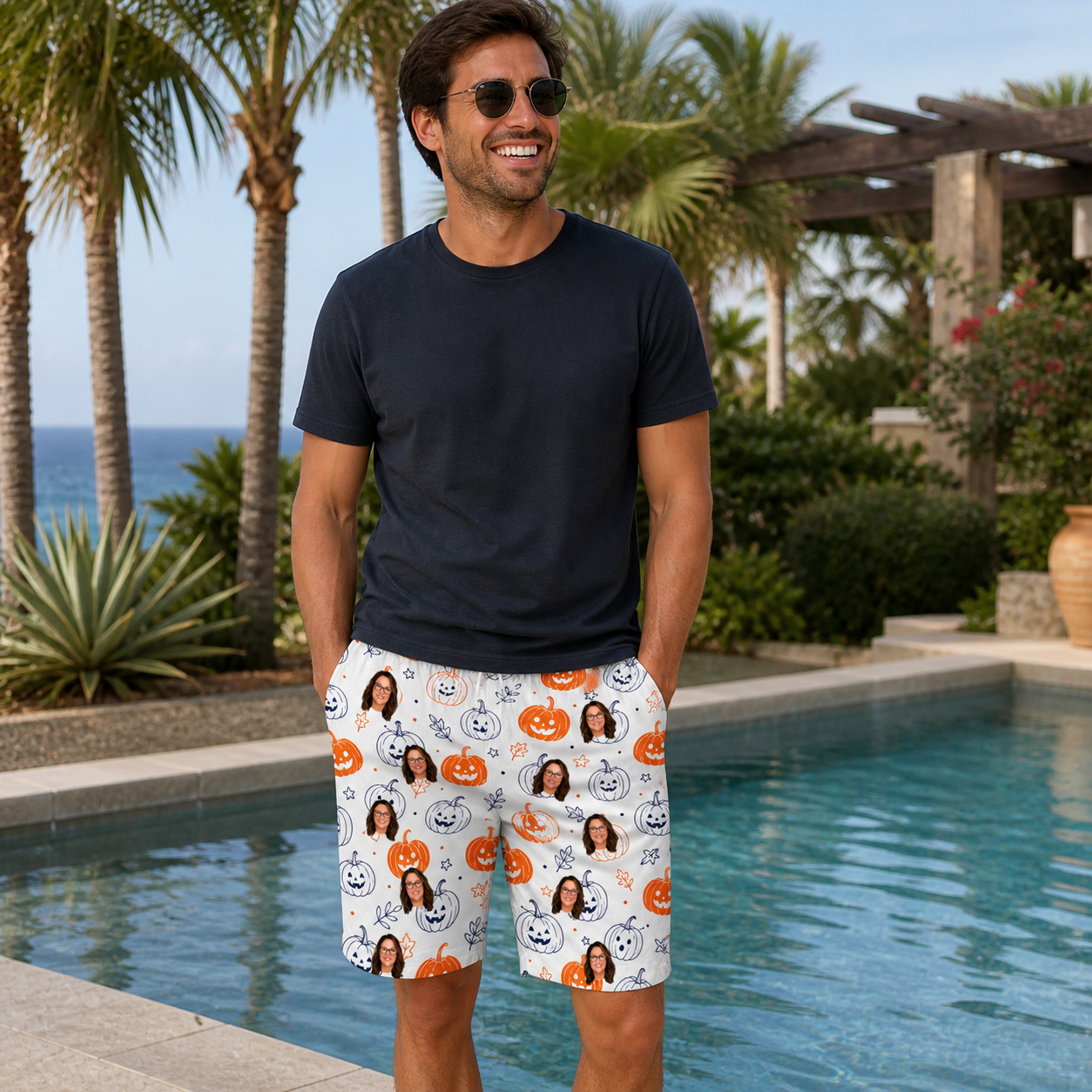 Real-life photo of someone wearing Men's Jack O'Jitters Custom Face Beach Shorts — custom faces printed all-over