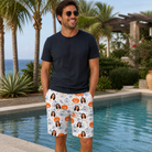 Real-life photo of someone wearing Men's Jack O'Jitters Custom Face Beach Shorts — custom faces printed all-over