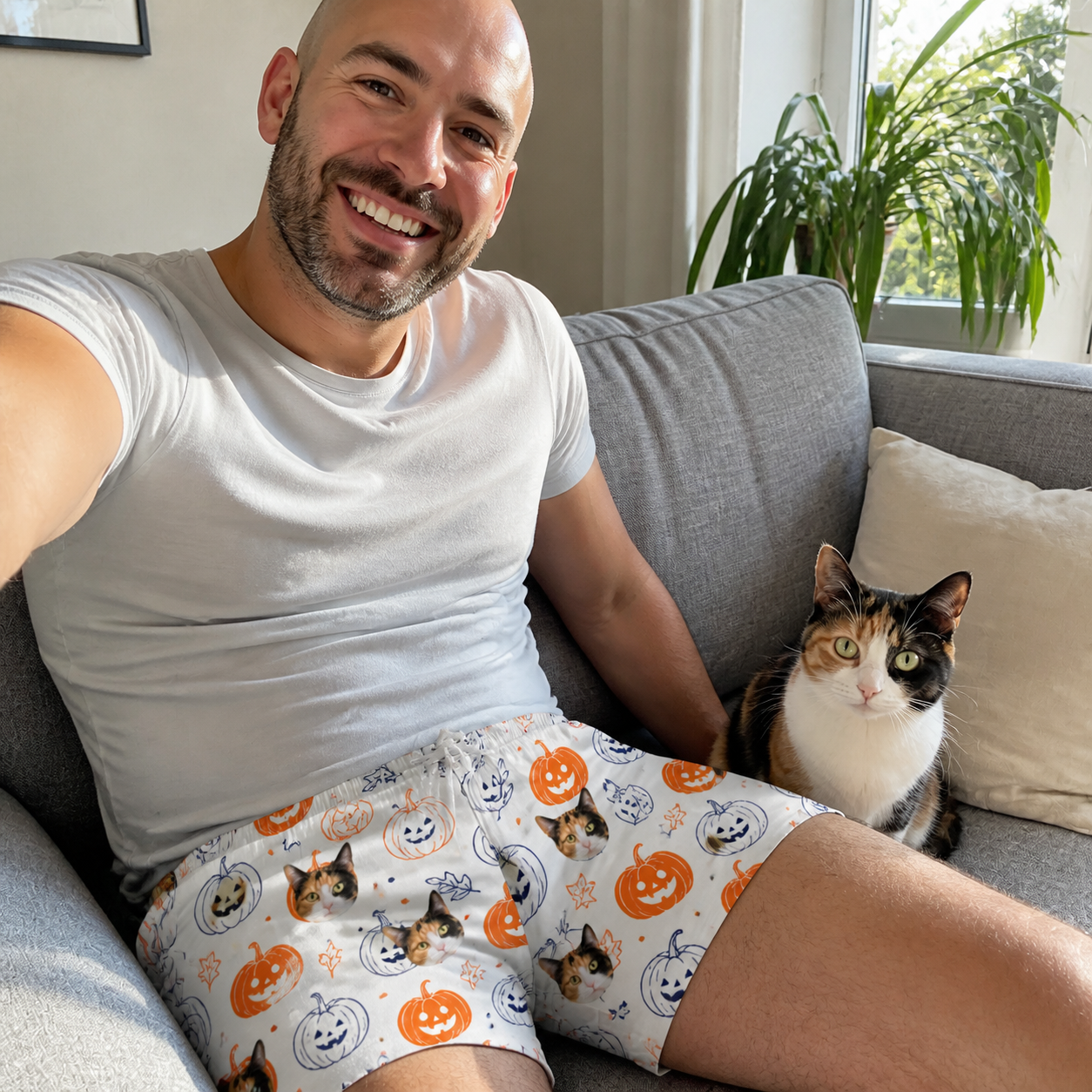 Selfie with the pet whose face is printed all over this Men's Jack O'Jitters Custom Cat Face Beach Shorts