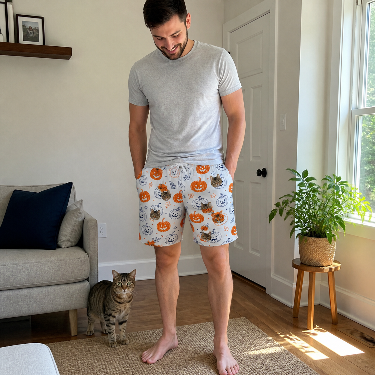 Full-length photo with the pet printed all over this Men's Jack O'Jitters Custom Cat Face Beach Shorts