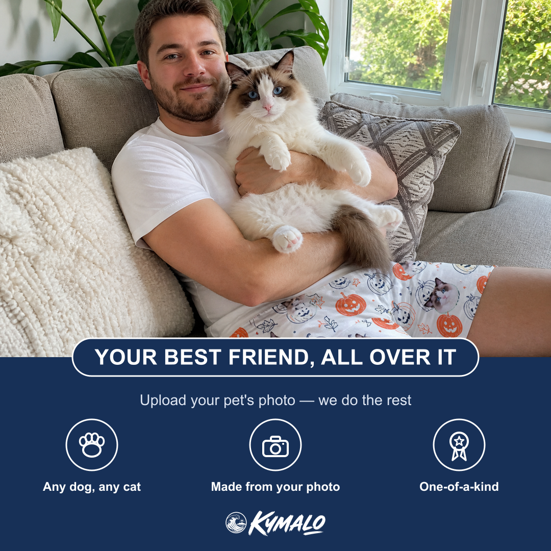 Friends in matching Men's Jack O'Jitters Custom Cat Face Beach Shorts — a group gift photo