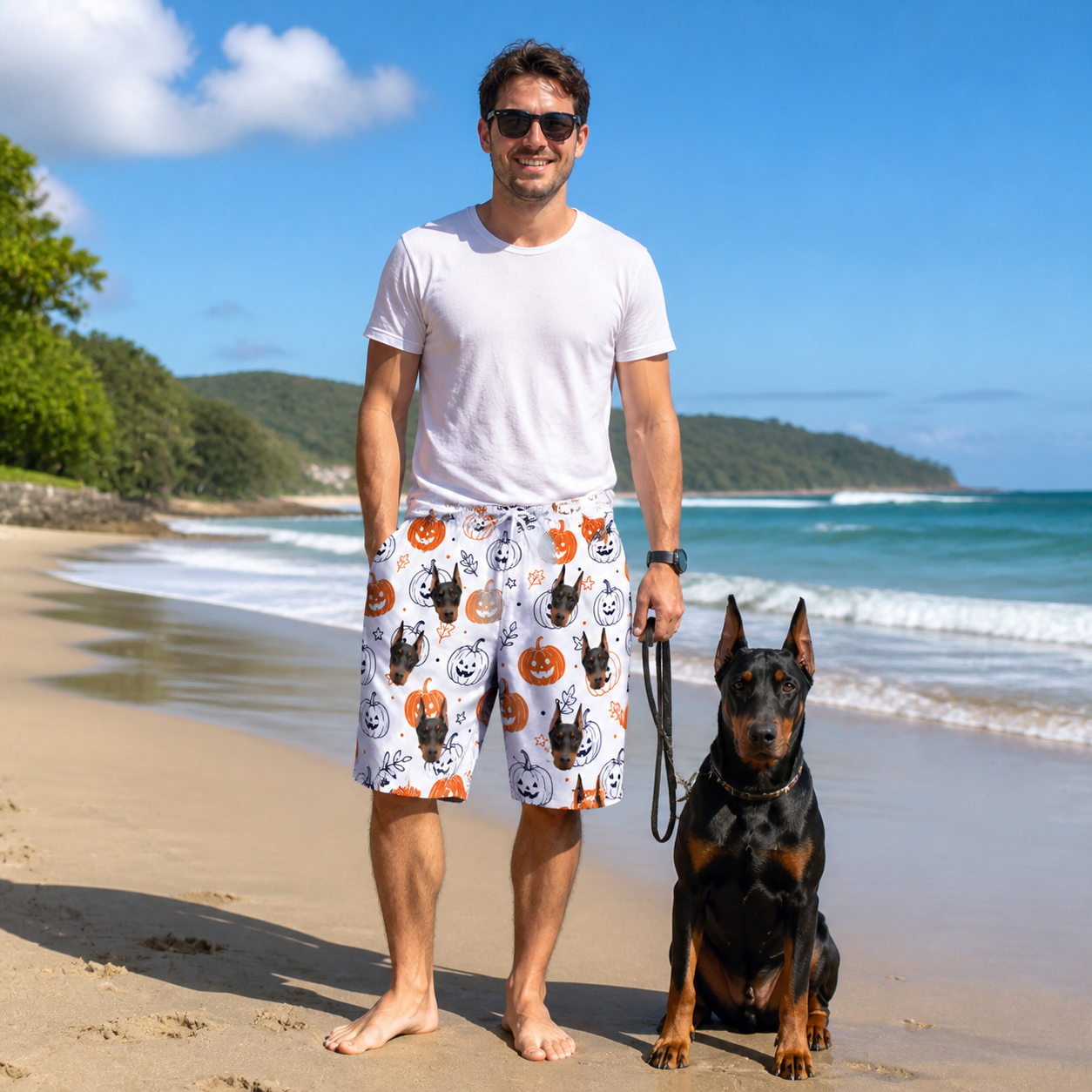 Full-length photo with the pet printed all over this Men's Jack O'Jitters Custom Dog Face Beach Shorts