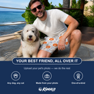 Friends in matching Men's Jack O'Jitters Custom Dog Face Beach Shorts — a group gift photo