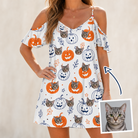 Woman wearing Women's Jack O'Jitters Custom Cat Face Off-Shoulder Dress — custom faces printed all-over