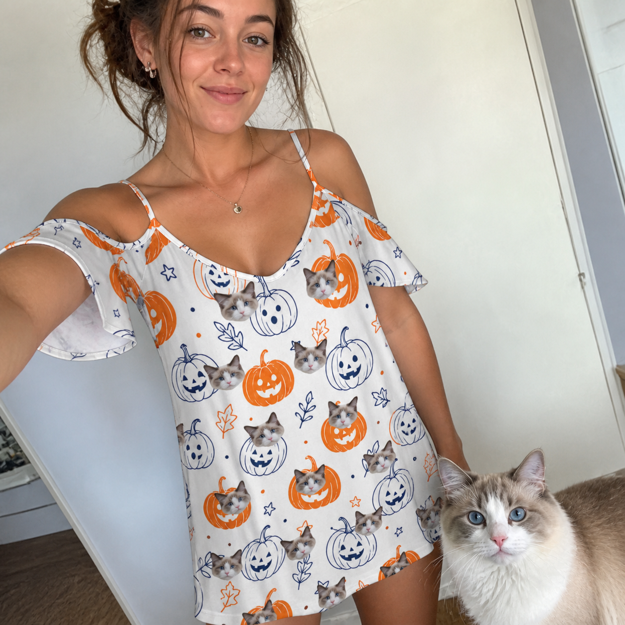 Selfie with the pet whose face is printed all over this Women's Jack O'Jitters Custom Cat Face Off-Shoulder Dress