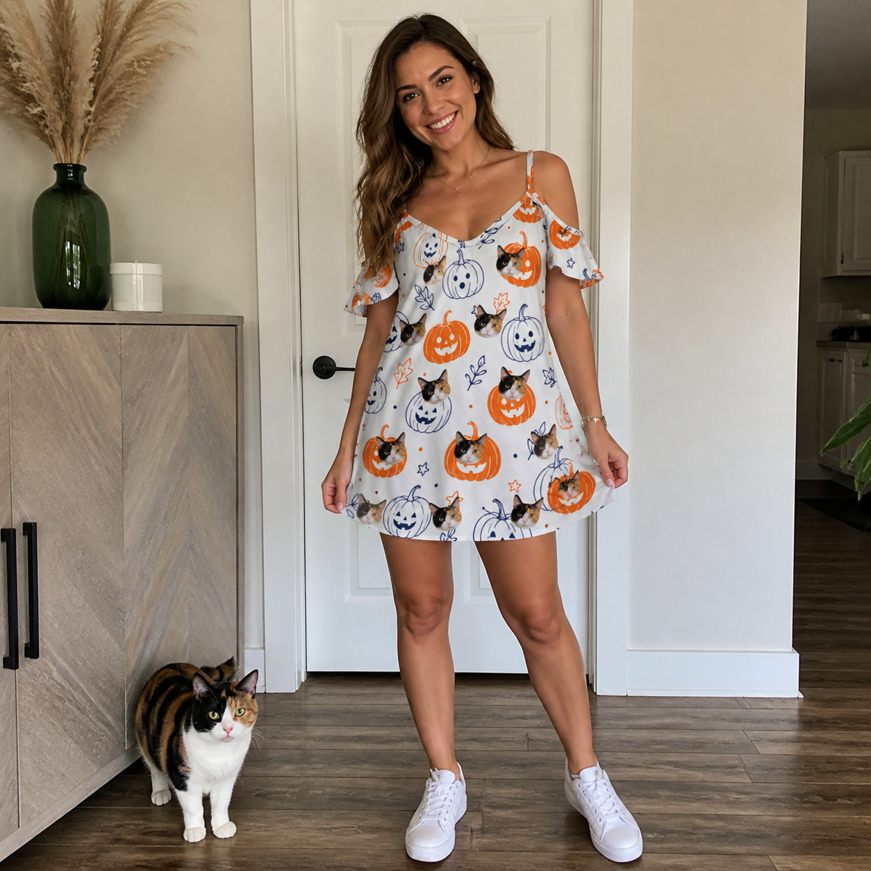 Full-length photo with the pet printed all over this Women's Jack O'Jitters Custom Cat Face Off-Shoulder Dress