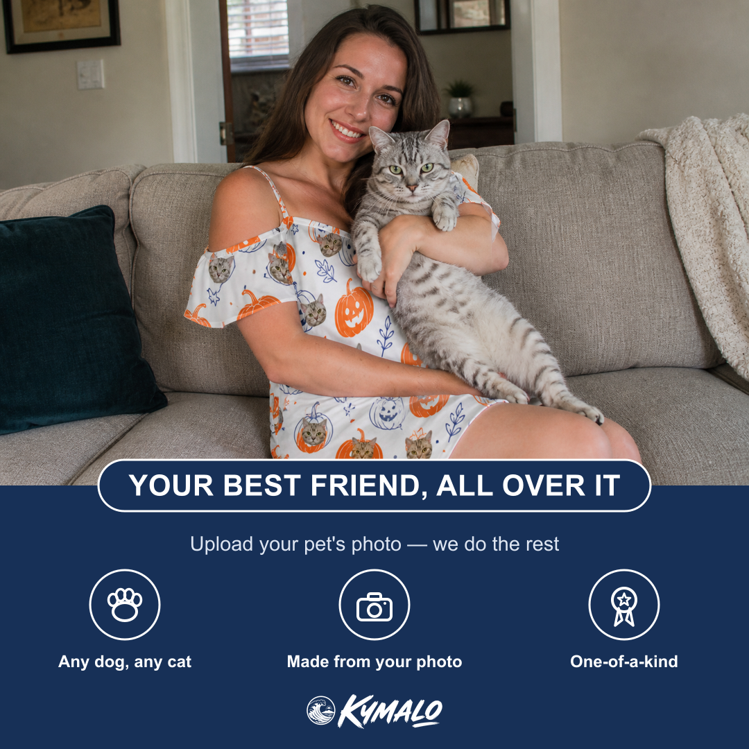 Friends in matching Women's Jack O'Jitters Custom Cat Face Off-Shoulder Dress — a group gift photo