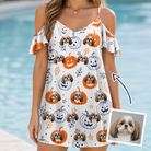 Woman wearing Women's Jack O'Jitters Custom Dog Face Off-Shoulder Dress — custom faces printed all-over
