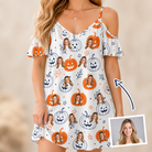 Woman wearing Women's Jack O'Jitters Custom Face Off-Shoulder Dress — custom faces printed all-over
