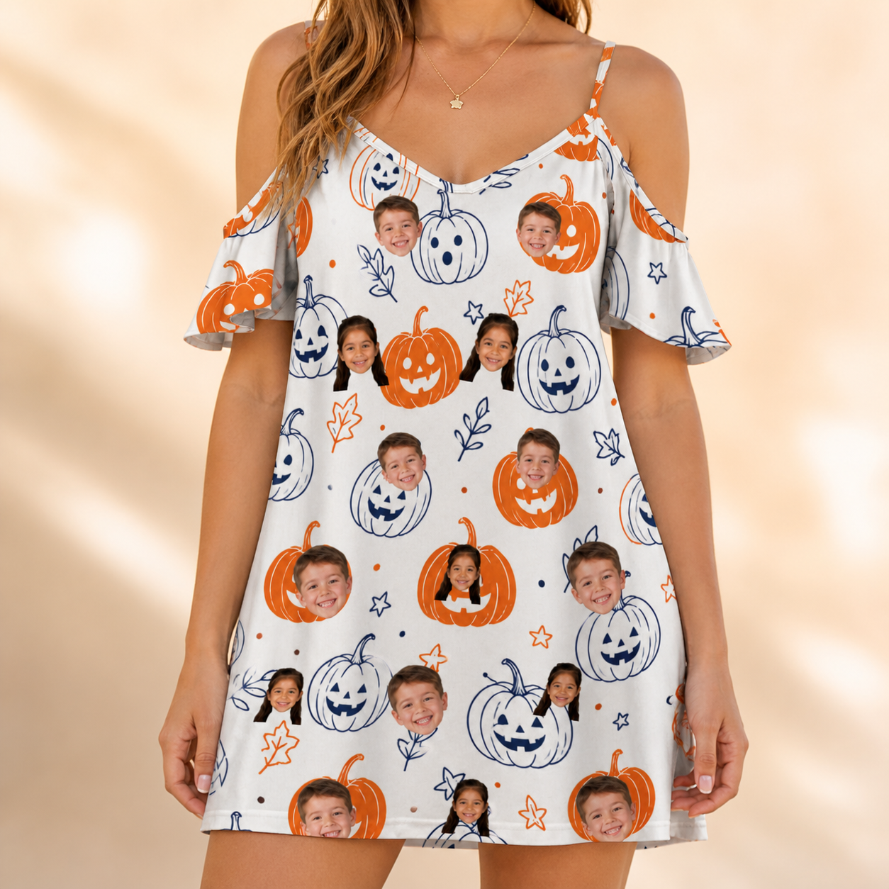 Model wearing Women's Jack O'Jitters Custom Face Off-Shoulder Dress printed with kids' faces
