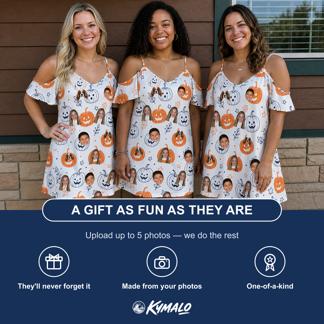 Friends in matching Women's Jack O'Jitters Custom Face Off-Shoulder Dress — a group gift photo