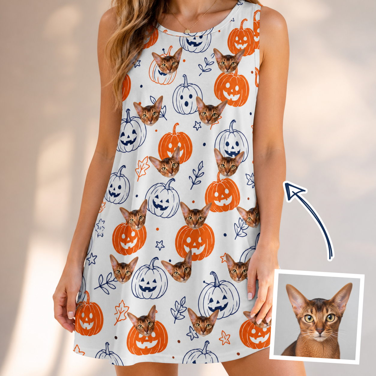 Woman wearing Women's Jack O'Jitters Custom Cat Face Tank Dress — custom faces printed all-over