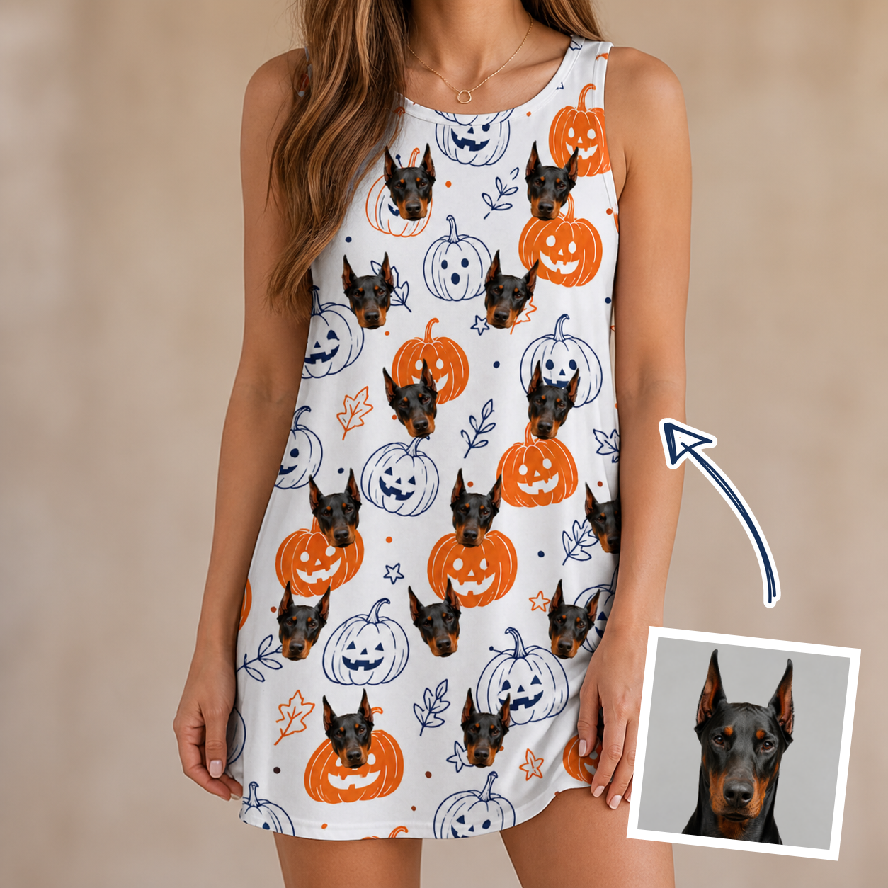 Woman wearing Women's Jack O'Jitters Custom Dog Face Tank Dress — custom faces printed all-over
