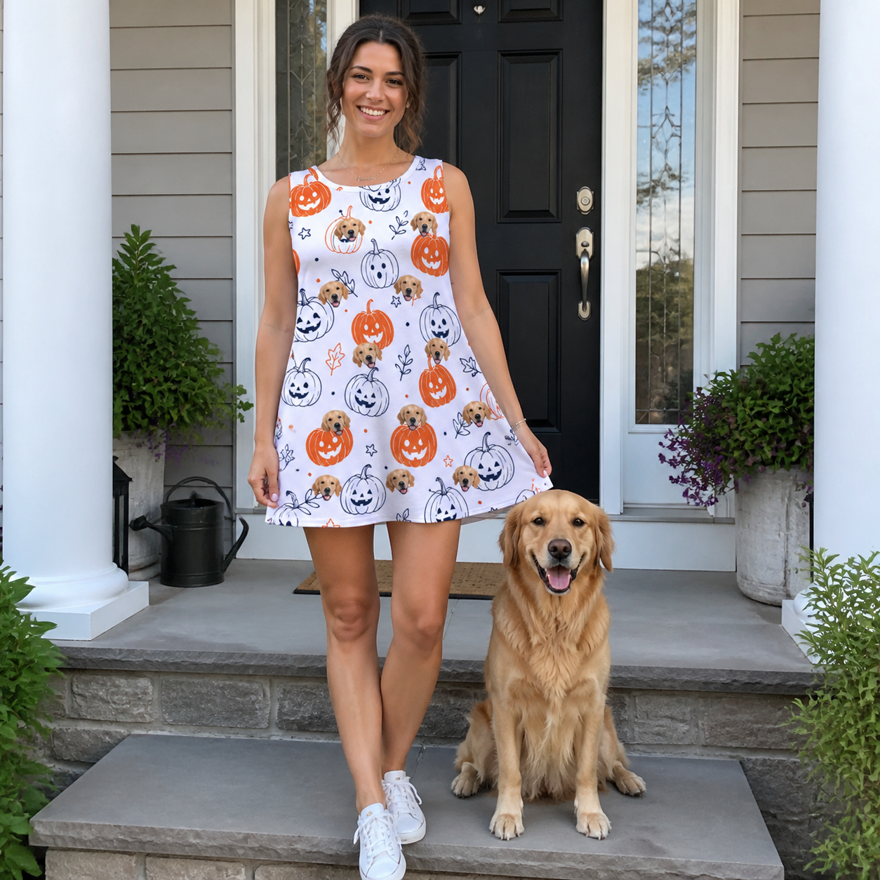 Full-length photo with the pet printed all over this Women's Jack O'Jitters Custom Dog Face Tank Dress
