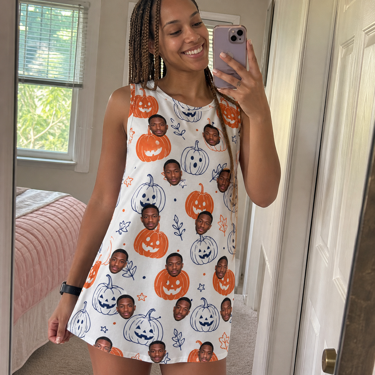 Real-life photo of someone wearing Women's Jack O'Jitters Custom Face Tank Dress — custom faces printed all-over