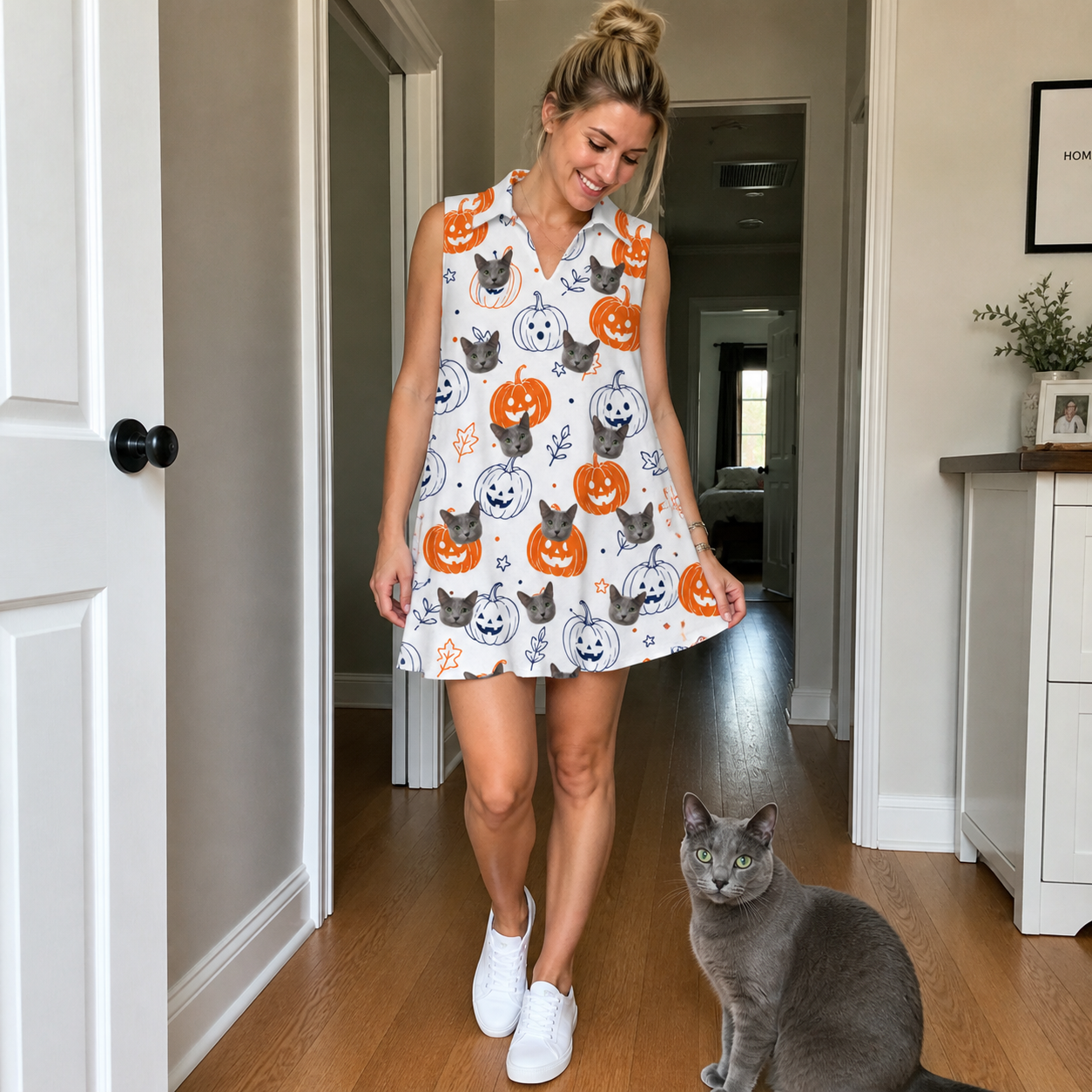 Full-length photo with the pet printed all over this Women's Jack O'Jitters Custom Cat Face V-Neck Dress
