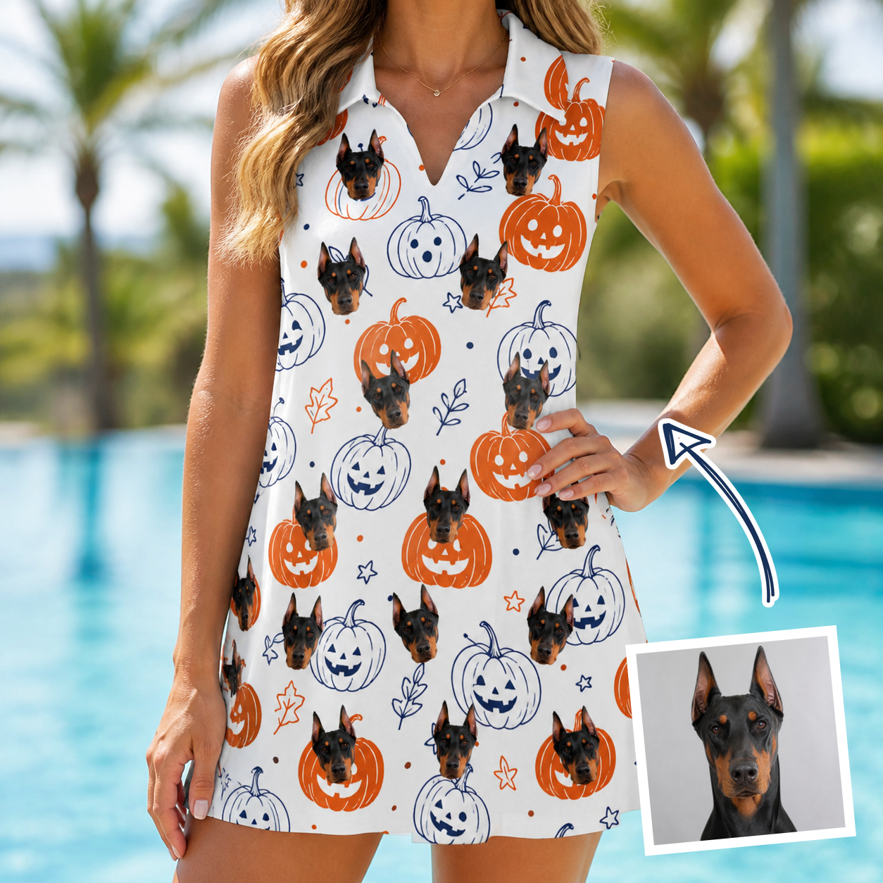 Woman wearing Women's Jack O'Jitters Custom Dog Face V-Neck Dress — custom faces printed all-over