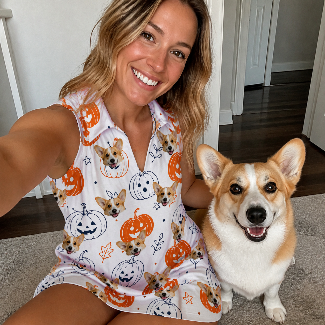 Selfie with the pet whose face is printed all over this Women's Jack O'Jitters Custom Dog Face V-Neck Dress