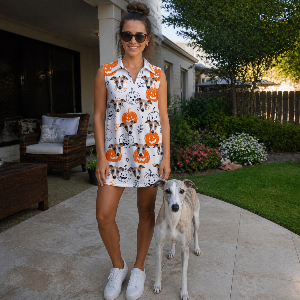 Full-length photo with the pet printed all over this Women's Jack O'Jitters Custom Dog Face V-Neck Dress