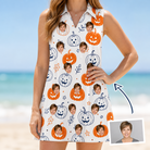 Woman wearing Women's Jack O'Jitters Custom Face V-Neck Dress — custom faces printed all-over