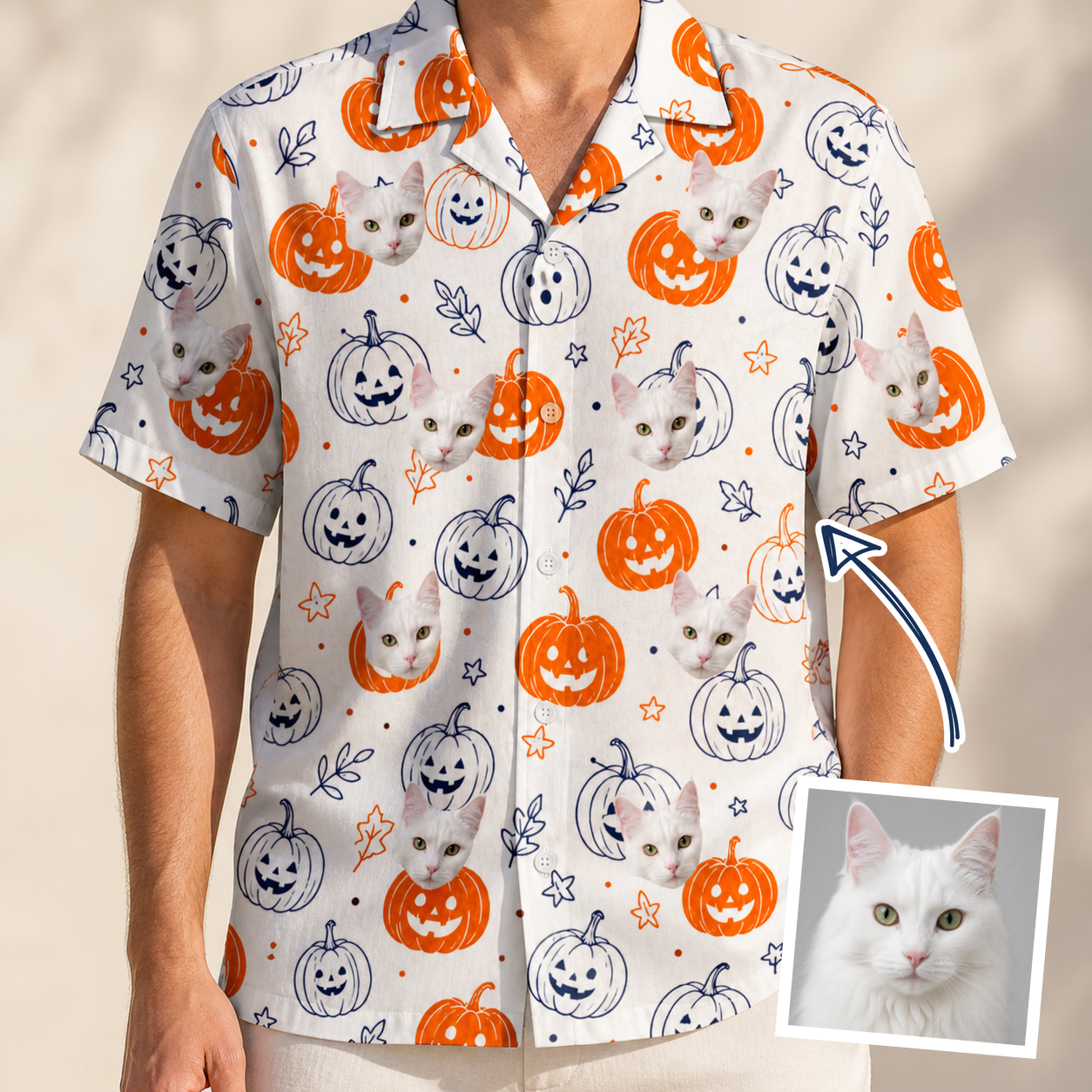 Man wearing Men's Jack O'Jitters Custom Cat Face Hawaiian Shirt — custom faces printed all-over