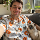 Selfie with the pet whose face is printed all over this Men's Jack O'Jitters Custom Cat Face Hawaiian Shirt